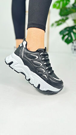 Günlük Kadın Sneaker Bağcıklı Yüksek Kalın Tabanlı Oval Burunlu Rahat Hafif Spor Ayakkabı 1001