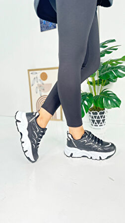 Günlük Kadın Sneaker Bağcıklı Yüksek Kalın Tabanlı Oval Burunlu Rahat Hafif Spor Ayakkabı 1001
