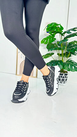 Günlük Kadın Sneaker Bağcıklı Yüksek Kalın Tabanlı Oval Burunlu Rahat Hafif Spor Ayakkabı 1001