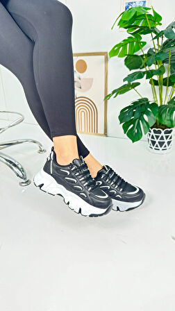 Günlük Kadın Sneaker Bağcıklı Yüksek Kalın Tabanlı Oval Burunlu Rahat Hafif Spor Ayakkabı 1001