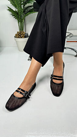 Günlük Kadın Babet Fileli Çift Bantlı Tokalı Oval Burunlu Tırtıklı Taban Kısa Topuklu Ayakkabı 315