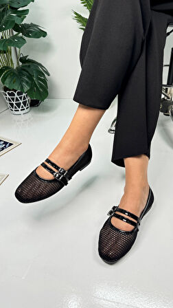 Günlük Kadın Babet Fileli Çift Bantlı Tokalı Oval Burunlu Tırtıklı Taban Kısa Topuklu Ayakkabı 315