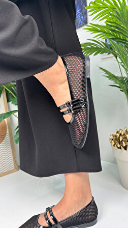 Günlük Kadın Babet Fileli Çift Bantlı Tokalı Oval Burunlu Tırtıklı Taban Kısa Topuklu Ayakkabı 315