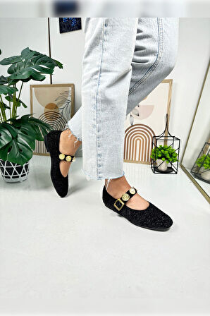 Günlük Kadın Babet İnci Bantlı Ayarlanabilir Tokalı Oval Burunlu Hafif Rahat Ayakkabı 379 