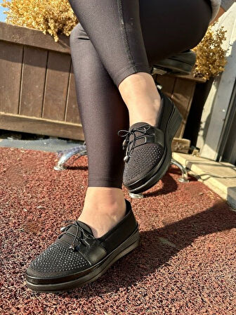 Ortopedik Günlük Kadın Babet Siyah Anne Ayakkabısı Rahat Hafif Taban Esnek  Bağcık Detaylı 1022 - 15