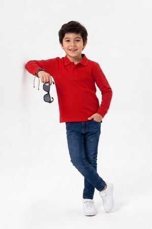 Unisex Çocuk Uzun Kollu Polo Yaka Lakost Okul Tişörtü