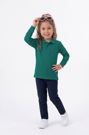 Unisex Çocuk Uzun Kollu Polo Yaka Lakost Okul Tişörtü