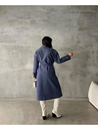 Mavi Oversize Geniş Kesim Kuşaklı Kol Manşetli Premium Uzun Kaşe Kaban - Şık ve Zamansız Kış Stili