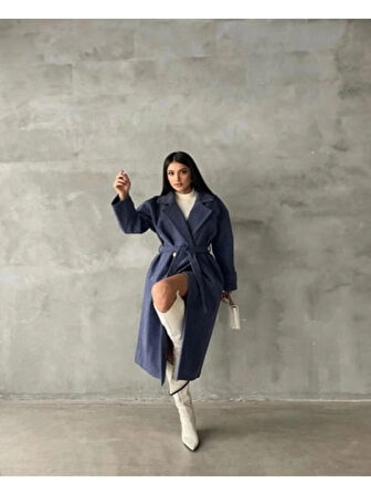 Mavi Oversize Geniş Kesim Kuşaklı Kol Manşetli Premium Uzun Kaşe Kaban - Şık ve Zamansız Kış Stili