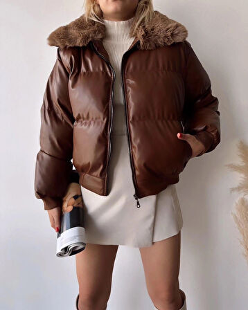 Kadın yakası kürklü deri Düz Renk Fermuarlı Astarlı Puffer şişme mont ,Uzun Kollu Cepli Sonbahar Kış