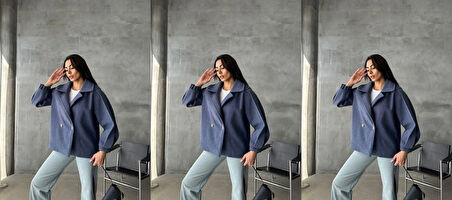 Kadın Lastikli Balon Kol Düğmeli Kruvaze Yaka Cepsiz Astarlı Oversize Kesim Kısa Kaşe Trençkot Ceket