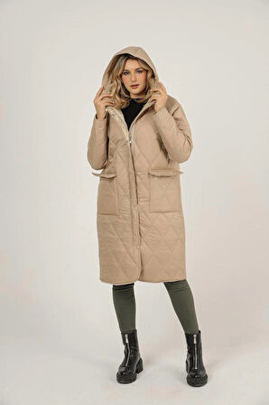 Şık Kadın Kapüşonlu Bej Renkli  Kış Ceketi Cepli, Kapitone Fermuarlı Uzun Kollu Mont, Kaban