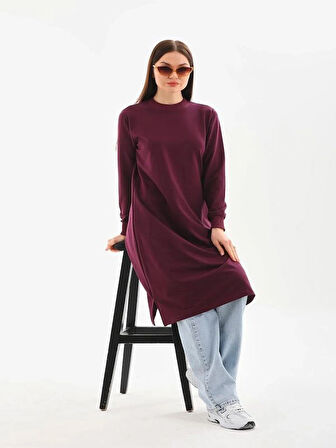 Kadın Kaşkorse Esnek Yaka Yırtmaçlı Sweatshirt Uzun Tunik Elbise