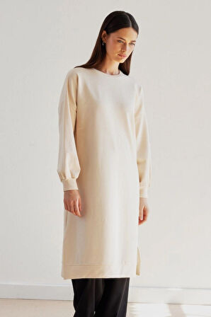 Kadın Kaşkorse Esnek Yaka Yırtmaçlı Sweatshirt Uzun Tunik Elbise