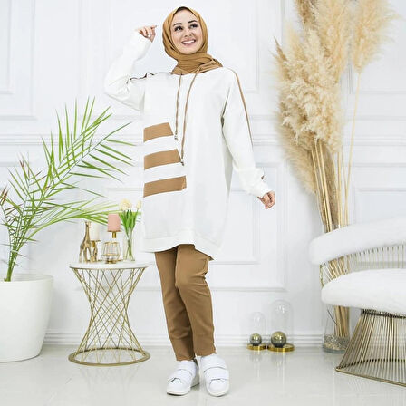 Kadın Şerit Detaylı Paçası Pensli Kapüşonlu Cepsiz Ikili Tunik Pantolon Alt Üst Takım