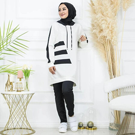 Kadın Şerit Detaylı Paçası Pensli Kapüşonlu Cepsiz Ikili Tunik Pantolon Alt Üst Takım