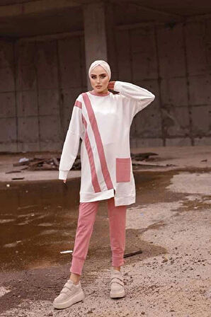 Kadın Şerit Detaylı Paçası Pensli Bisiklet Yaka Tek Cepli İkili Tunik Pantolon Alt Üst Takım