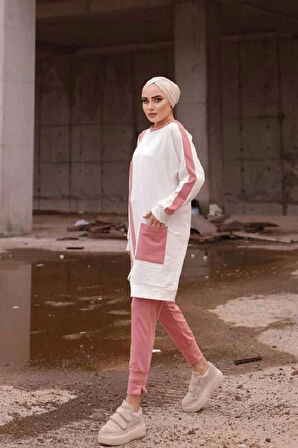 Kadın Şerit Detaylı Paçası Pensli Bisiklet Yaka Tek Cepli İkili Tunik Pantolon Alt Üst Takım