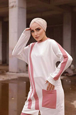 Kadın Şerit Detaylı Paçası Pensli Bisiklet Yaka Tek Cepli İkili Tunik Pantolon Alt Üst Takım