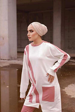 Kadın Şerit Detaylı Paçası Pensli Bisiklet Yaka Tek Cepli İkili Tunik Pantolon Alt Üst Takım