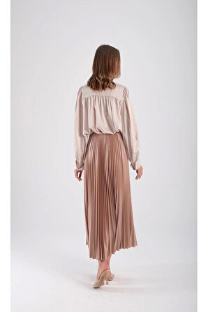 Kadın Şık Yüksek Bel Pilili Midi Etek - İnceltici A Kesim Tasarım, Saten Deri Görünüm, Her Mevsim