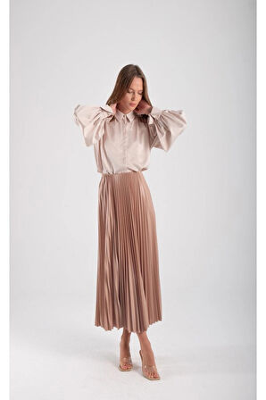 Kadın Şık Yüksek Bel Pilili Midi Etek - İnceltici A Kesim Tasarım, Saten Deri Görünüm, Her Mevsim