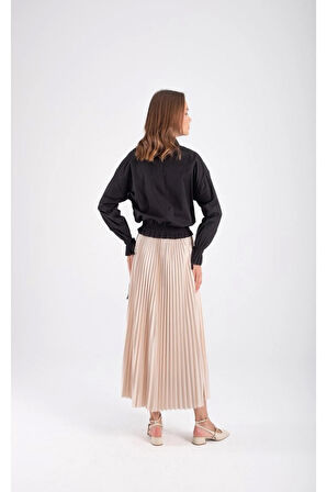 Kadın Şık Yüksek Bel Pilili Midi Etek - İnceltici A Kesim Tasarım, Saten Deri Görünüm, Her Mevsim