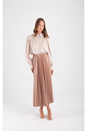 Kadın Şık Yüksek Bel Pilili Midi Etek - İnceltici A Kesim Tasarım, Saten Deri Görünüm, Her Mevsim