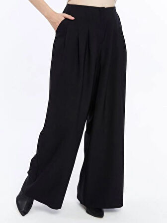 Kadın Siyah Renk Yüksek Bel Beli Lastikli Pensli Geniş  Bol Paça Kumaş Palazzo Pantolon