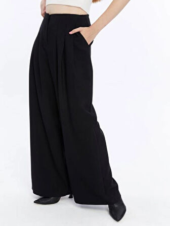 Kadın Siyah Renk Yüksek Bel Beli Lastikli Pensli Geniş  Bol Paça Kumaş Palazzo Pantolon