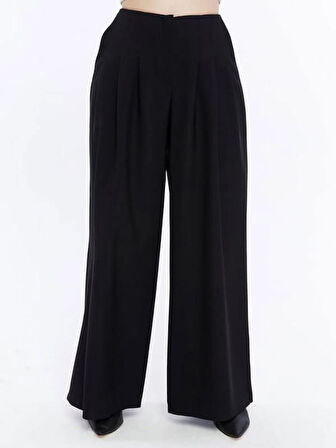 Kadın Siyah Renk Yüksek Bel Beli Lastikli Pensli Geniş  Bol Paça Kumaş Palazzo Pantolon
