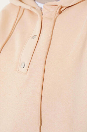 Kadın Vizon Renk Crop Sweatshirt -Bol Paça Beli Lastikli Scuba Eşofman Takımı