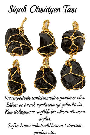 Sertifikalı Ham Tel Sargılı Obsidyen Taşı Kolye - Altın Kaplama