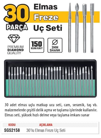 SGS Elmas Freze Uç Seti - 150 Kum - 30 Farklı Parça