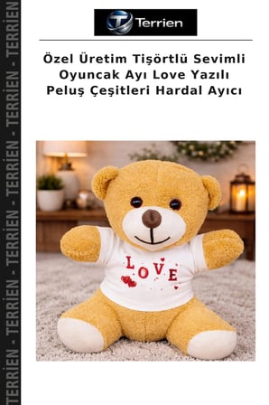 Özel Üretim Tişörtlü Sevimli Oyuncak Ayı Love Yazılı Peluş Çeşitleri Hardal Ayıcı