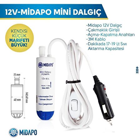 Midapo 12 V Çakmaklı Küçük Dalgıç Pompa Su Pompası Mazot Pompası