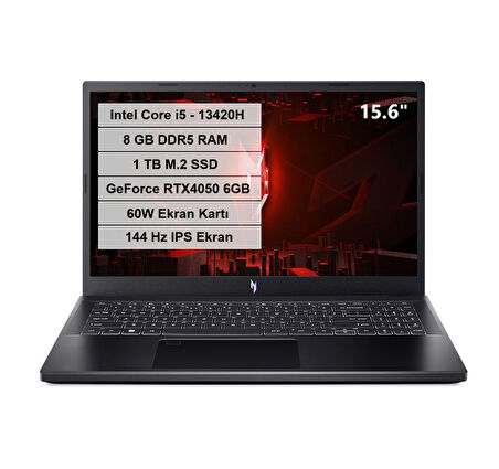 Acer Nitro V 15 Intel Core i5 13420H 8GB DDR5 1TB M.2 SSD 60W RTX 4050-6GB FreeDos 15.6" 144Hz FHD IPS NH.QNBEY.002