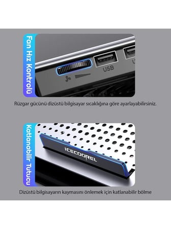 Luve Store IceCoorel A18 Alüminyum Laptop Soğutucu Fanlı 7 Kademeli Notebook Standı 12-17 İnç Uyumlu Çift USB