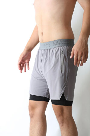 Man Of Man Erkek Yazılı Astarlı Gri Şort