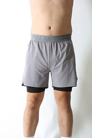 Man Of Man Erkek Yazılı Astarlı Gri Şort