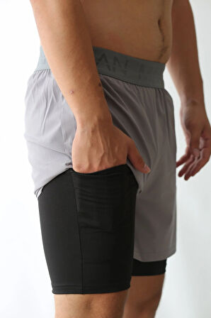 Man Of Man Erkek Yazılı Astarlı Gri Şort