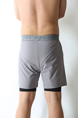 Man Of Man Erkek Yazılı Astarlı Gri Şort