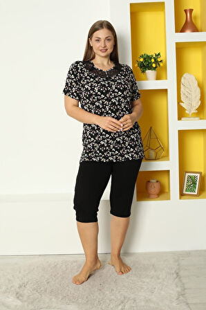 Siyah Likralı Esnek Kısa Kollu Dantel Detaylı Taytlı Büyük Beden Alt Üst Takım