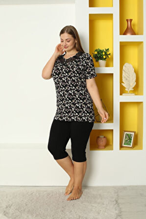 Siyah Likralı Esnek Kısa Kollu Dantel Detaylı Taytlı Büyük Beden Alt Üst Takım