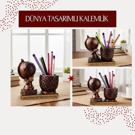 Premium Anlamlı Hediye Hatıra Dekor Dünya Tasarımlı Kalemlik - Öğretmenler Günü Hediyesi