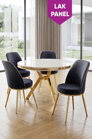 Natre Serisi 90x90 Lak Panel Beyaz Mermer Desen Gold Ayaklı Mutfak Masası Takımı Ve 4 Antrasit Sandalye