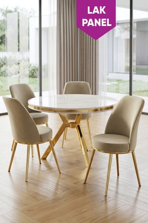 Natre Serisi 90x90 Lak Panel Beyaz Mermer Desen Gold Ayaklı Mutfak Masası Takımı Ve 4 Krem Sandalye