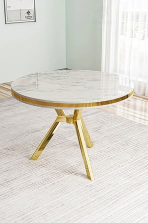 Natre Serisi 90x90 Lak Panel Beyaz Mermer Desen Gold Ayaklı Mutfak Masası Takımı Ve 4 Krem Sandalye