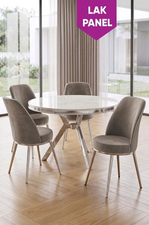Natre Serisi 90x90 Lak Panel Beyaz Mermer Desen Krom Ayaklı Mutfak Masası Takımı Ve 4 Cappucino Sandalye