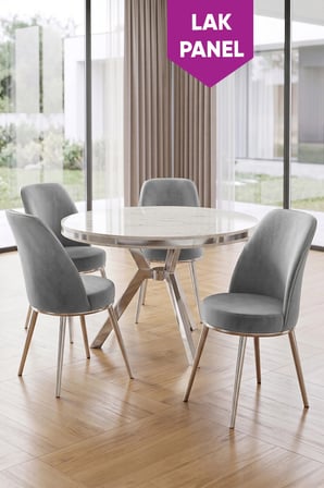 Natre Serisi 90x90 Lak Panel Beyaz Mermer Desen Krom Ayaklı Mutfak Masası Takımı Ve 4 Gri Sandalye